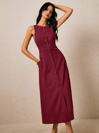 Poéselle Women's Burgundy Plain Midi Dress, Sleeveless Round Neck A-Line Style With Front Buttons And Flared Hem, Curve Midi Dress, Maroon Midi Dress, Button Front Dress