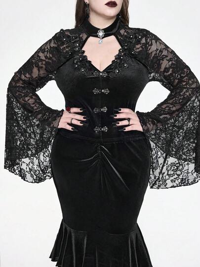 EDITION Blusa de mujer talla grande de terciopelo negro con contraste de encaje y mangas acampanadas, para Halloween
