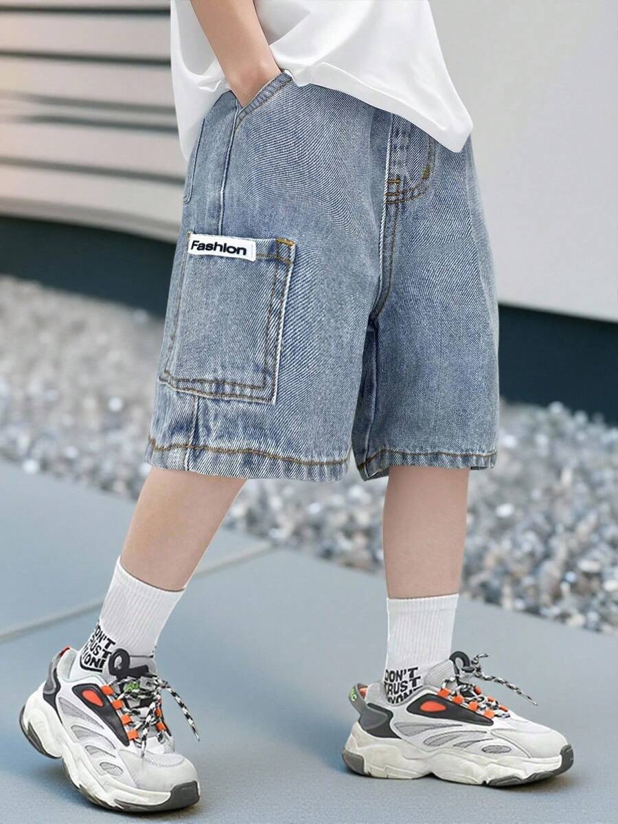 SHEIN Young Boy Summer Retro Casual Patch Loose Fit Baggy Blue Denim Shorts With Side Pocket, Spring Summer Spring Break