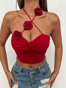 SHEIN PETITE Áo khoác nữ 3D màu trơn trang trí dây buộc chéo cổ Crop Cami Top - Đỏ - Xem 7