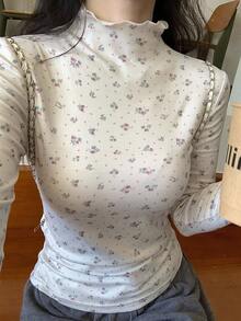 DAZY Women's Floral All-Over Print Long Sleeve High Neck T-Shirt, Korean Style, Spring/Autumn - Apricot - View 9