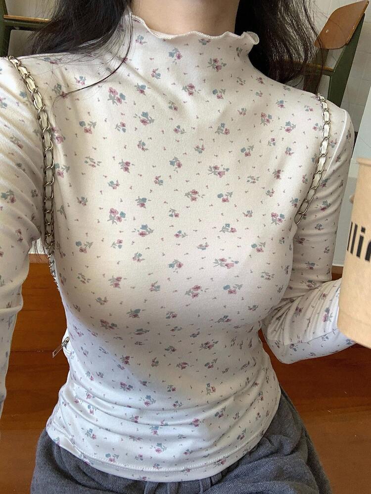 Women's Floral All-Over Print Long Sleeve High Neck T-Shirt, Korean Style, Spring/Autumn