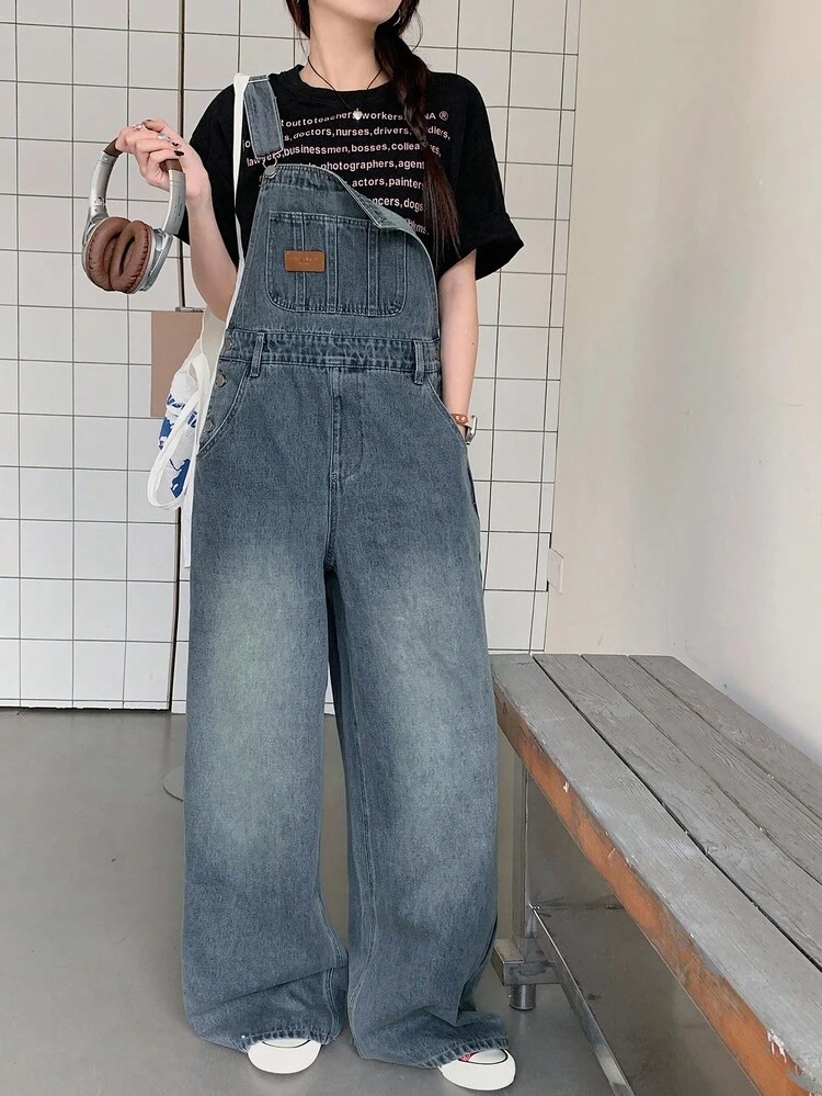Casual Fashion Street Daily Commute School Style Loose Wide Leg Denim Jumpsuit For Teen Girls