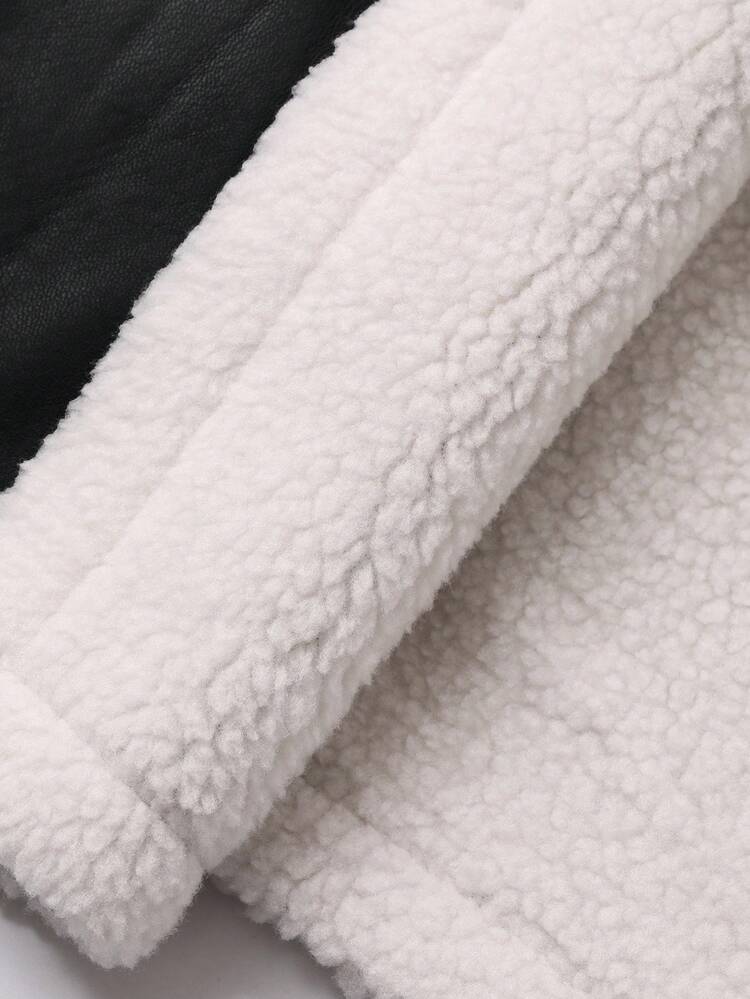 Dazy Plus Plus Size Women Casual Loose PU Patchwork Faux Shearling Collar Street Motorcycle Jacket, Autumn/Winter Thermal Lined Leather Jacket Women Coats