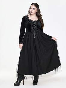 ROMWE EDITION 哥特式黑暗女王风格女巫万圣节服装，深 V 领蕾丝边天鹅绒 A 字加大码连衣裙 - 黑色 - 查看 4