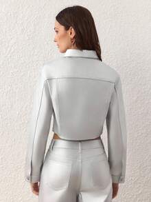 Selenza Women's Fashionable Cropped Denim Jacket With Silver Foil Print, Suitable For Spring And Autumn - Silver - View 3