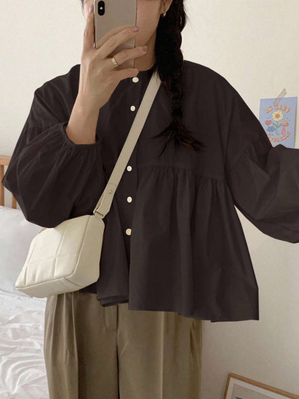 Women's Casual Pleated Round Neck Lantern Sleeve Blouse,Fall Clothes