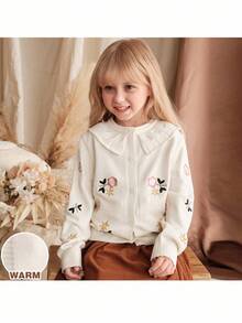 Loomiva 少女花卉刺绣圆领荷叶边长袖开衫，秋冬 - 白色 - 查看 1