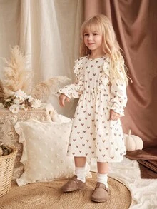 Loomiva Gaun Anak Perempuan Motif Hati, Leher Bulat, Hem Berkerut, Lengan Panjang, dan Ikat Pinggang, Serbaguna & Nyaman untuk Musim Gugur dan Musim Dingin - Putih - View 6