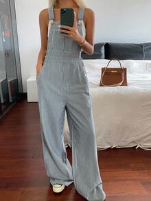 DAZY Casual Striped Women Denim Bib Pants, Suitable For Daily Wear Overalls