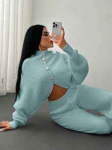 EURMUSE 2 Pieces Ribbed Knit Lounge Set Featuring Asymmetrical Sweater With Decorative Bow Accents And Matching High-Waisted Pants - Mint Green - View 3