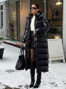 SHEIN Tall Women Long Padded Coat With Adjustable String At Waist, Bright Fabric, Hood, Elegant Streetwear And Casual Everyday Travel Black Winter - Black - View 7