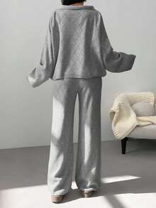 EURMUSE Woman Checkered Jacquard Polo Neck Two Pieces Sweater And Pants Co-Ords - Light Grey - View 2