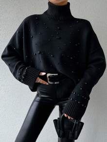EURMUSE Maglione Da Donna Con Collo Alto E Spalle Scese Con Perline - nero - Visualizzare 6
