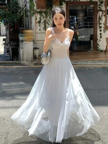 DAZY Women's Mesh Patchwork Spaghetti Strap Mid-Length Dress, Korean Style Summer Women Dresses Sundress - White - View 10