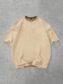 Manfinity Roghcode Manfinity Streetrush Men Street-Rush Loose Letter Embossed Drop Shoulder T-Shirt, Boy Friend Gifts, Streetwear , Oversized Hip-Hop Street,Fall - Brown - View 1
