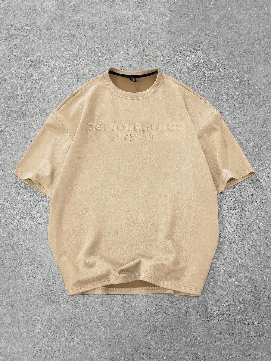 Manfinity Roghcode Manfinity Streetrush Men Street-Rush Loose Letter Embossed Drop Shoulder T-Shirt, Boy Friend Gifts, Streetwear , Oversized Hip-Hop Street,Fall - Brown - View 1