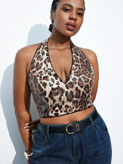 Maija Plus Size Leopard Print Halter Neck Top, New Year, Party Attire, Romantic, Fashionable, Versatile; Comfortable, Elegant Women's Date Night Sexy Top For Club Cheetah Top Sequin Top