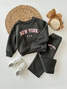 SHEIN 2 件套 Babygirl 宽松休闲字母印花长袖圆领运动衫和运动裤，适合户外和室内穿着 - 灰色 - 查看 4