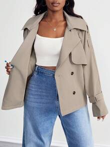SHEIN PETITE CURVE 秋季大码女式纯色插肩袖翻领休闲风衣 - 卡其色 - 查看 6