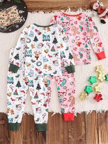 SHEIN 4pcs Young Girl Christmas Pattern Knit T-Shirt & Leggings Pajama Set,Cotton Bamboo Snug Fit Night Fairy Pink Autumn Baby Shower Sleepwear - Multicolor - View 4