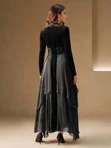 Anewsta 女士拼接长裙，优雅时尚礼服 - 黑色 - 查看 2