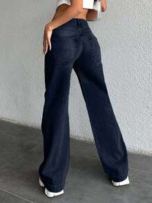 EURMUSE 98%Cotton Women's Low Waist Straight Leg Jeans - Navy Blue - View 2