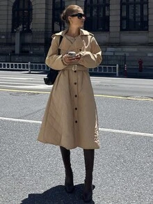 DAZY 女士夹棉大衣，风衣款式菱形图案宽松纯色长款大衣，秋冬 - 卡其色 - 查看 6