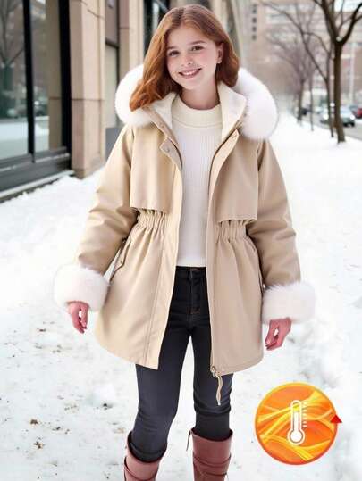 女孩舒适休闲宽松毛绒衬里仿皮草装饰连帽中长款派克大衣