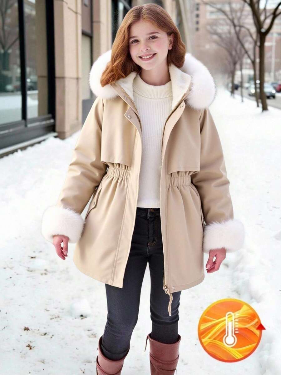 女孩舒适休闲宽松毛绒衬里仿皮草装饰连帽中长款派克大衣 - 米色 - 查看 1
