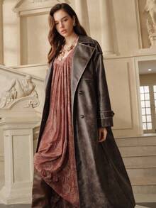 SHEIN Unity 做旧复古长款 PU 皮革风衣，适合秋季、夏季、优雅、别致、新年、休闲、圣诞节 - 棕色 - 查看 3