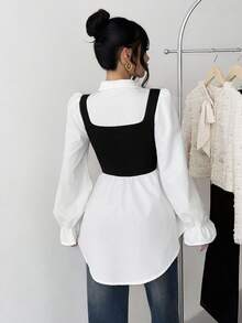 SHEIN قميص أنيق وبسيط مريح للمراهقات، بياقة وأكمام طويلة، تصميم لونين - أبيض وأسود - مشاهدة 5