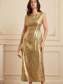Aveloria Rosie European & American Style New Autumn/Winter Off Shoulder Cinched Waist Luxury Long Sequin Dress For Party - Gold - View 4