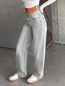 EURMUSE WOMEN STRAIGHT LOW WAIST JEANS - Grey - View 4
