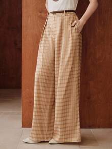 Uhlyne 女士简约格纹印花长裤，适合秋冬度假的专业商务休闲裤 - 橘色 - 查看 7