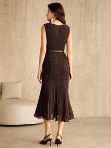Anewsta Elegant Coffee Color Tweed Patchwork Pleated Fishtail Hem Beaded Dress - Coffee - View 2
