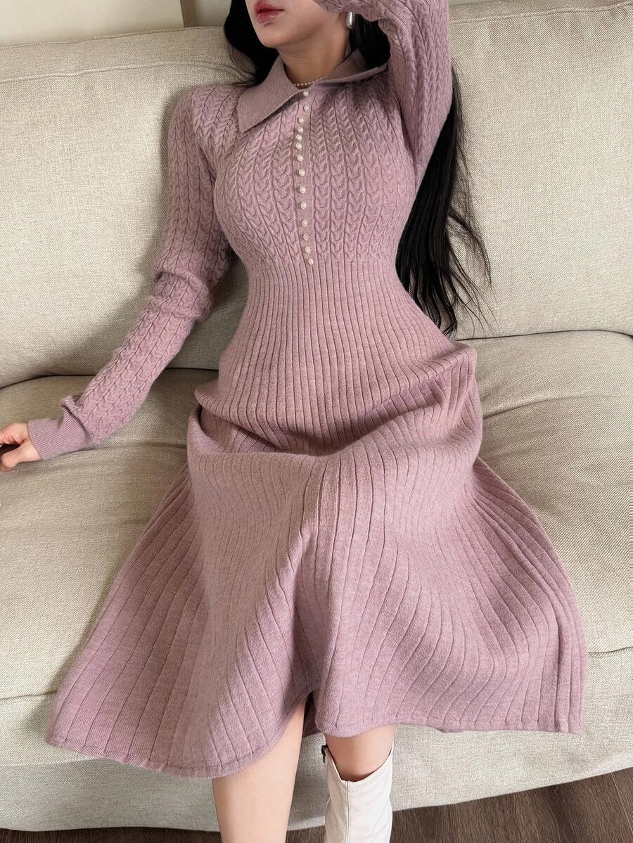 Feyla 女式纯色修身长袖休闲针织毛衣裙,百搭优雅的秋冬女装 - 粉色 - 查看 1