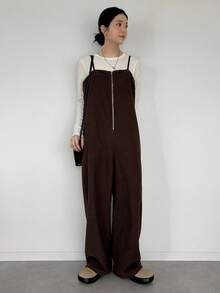 FRIFUL 女士纯色拉链阔腿宽松休闲连体裤，秋季连身裤 - 灰色 - 查看 5