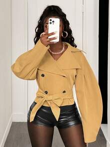 SHEIN BamGlam Áo gió tay ngắn dài cài hai hàng khuy rộng rãi cho nữ - Màu Khaki - Xem 7