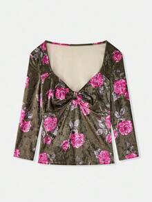 lacRébo Velvet Floral Top With Sweetheart Neckline And Front Gather Detail Spring Women Clothes Spring Summer Elegant Top - Multicolor - View 8