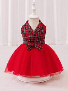 Glamorique Kids Vestido elegante de niña bebé a cuadros rojos con contraste de malla, adecuado para uso diario, fiestas y reuniones, que muestra la inocencia y la ternura de la niña pequeña - Rojo - Ver 3