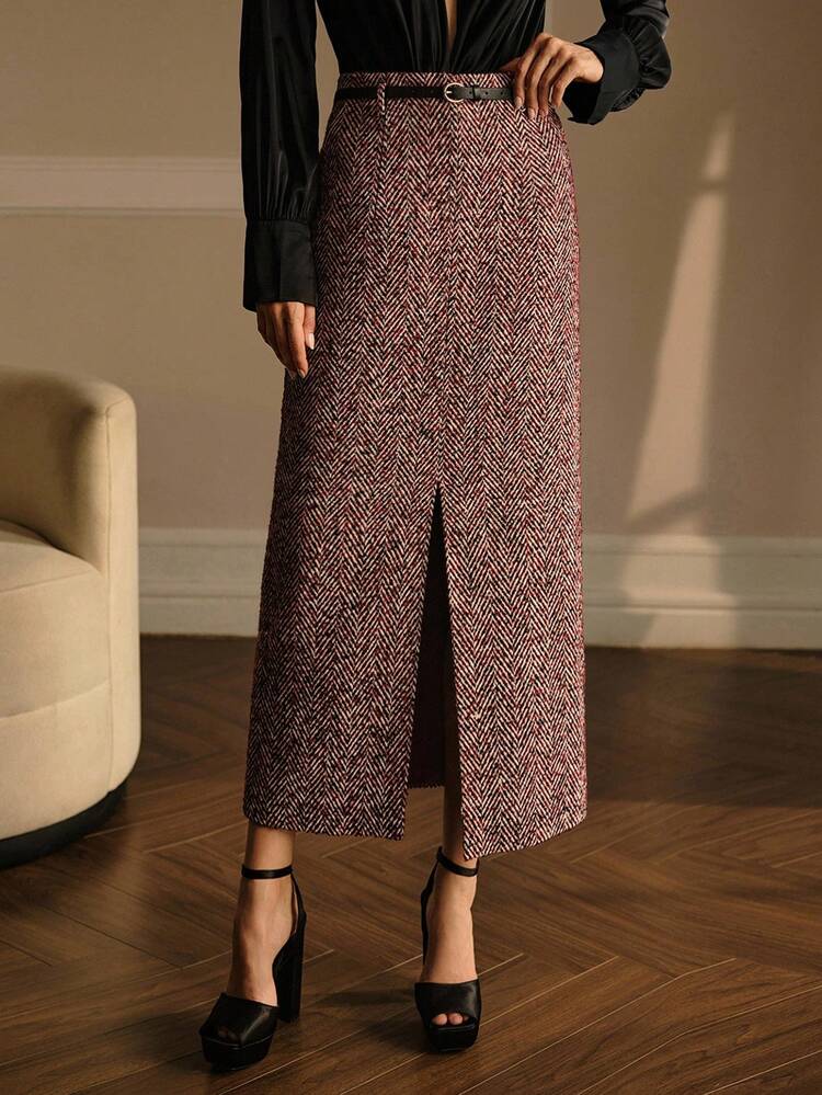 MOTF STUDIO HERRINGBONE SPLIT HEM SKIRT WITH BUCKLE BELT