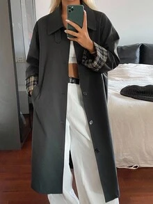 DAZY 拼接格纹宽松长袖翻领袖口休闲街头秋冬女式外套 - 灰色 - 查看 3