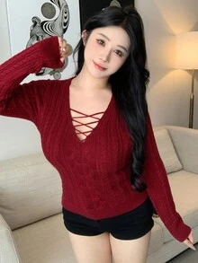 Dazy Plus Suéter de punto rojo de moda con diseño calado y ajuste ceñido, versátil para Año Nuevo, Navidad, otoño/invierno, talla grande para la escuela - Rojo - Ver 3