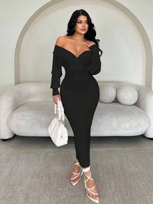 SHEIN SXY 女式性感优雅白色 V 领露肩长袖修身毛衣裙，适合日常穿着、办公室、约会、休闲、派对、感恩节、圣诞节长袖紧身连衣裙深 V 领连衣裙长款紧身连衣裙紧身长裙深 V 连衣裙长袖优雅连衣裙秋冬女装 - 黑色 - 查看 6