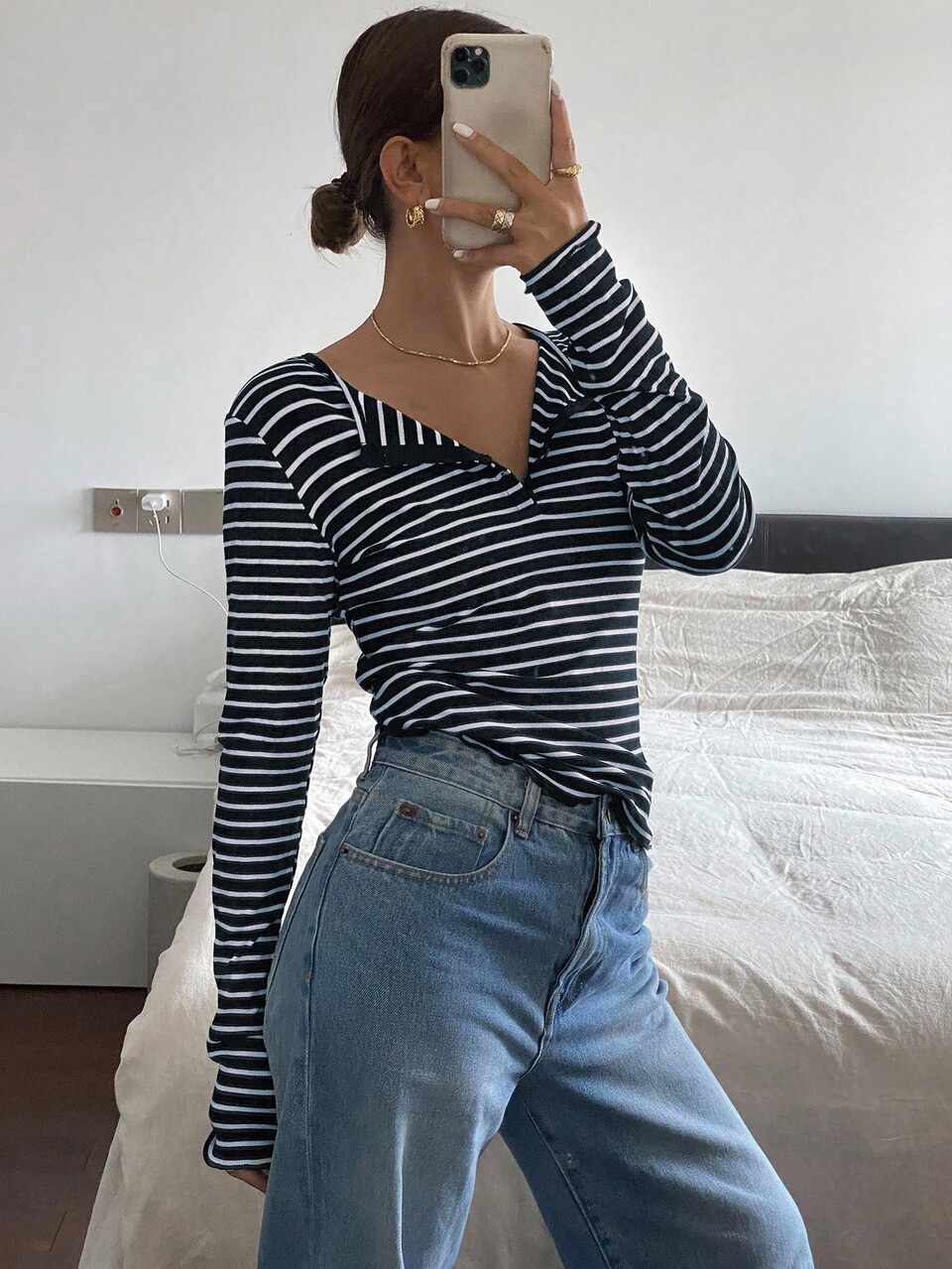 Women's Spring Autumn Striped V-Neck Long Sleeve T-Shirt,Fall Women Clothes