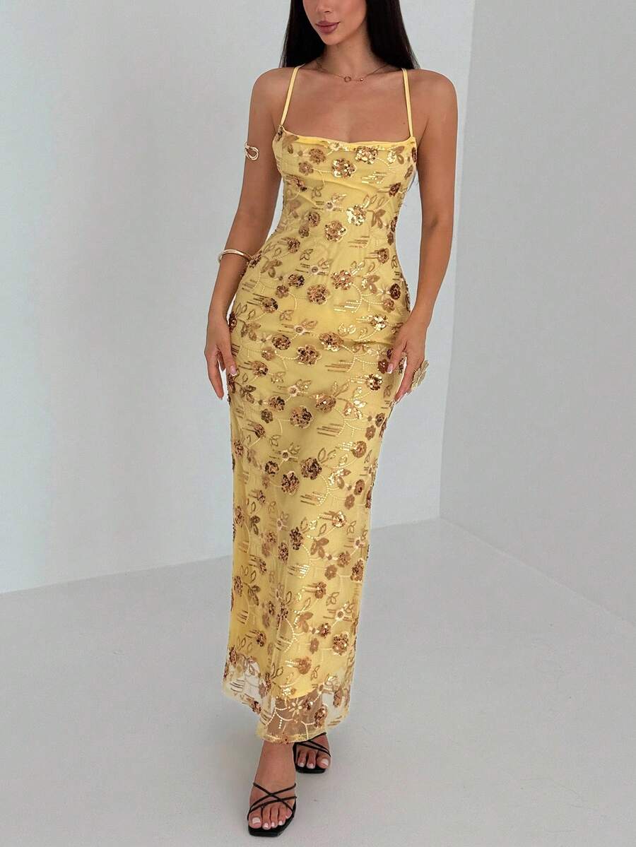 Aloruh Women's Spaghetti Strap Backless Sequin Dress, Fitted And Fashionable - Gold - View 1