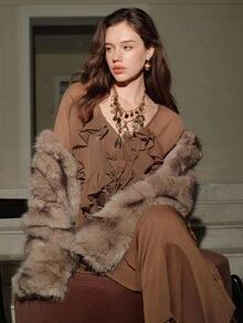 SHEIN Unity 女士时尚优雅人造毛皮短款夹克 - 杏色 - 查看 6