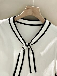 SHEIN Clasi Viền tương phản Cà vạt Knit ngọn - trắng - Xem 3