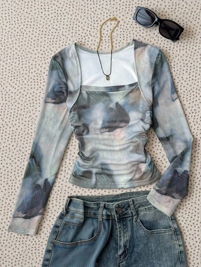 SHEIN Tween Girl 时尚秋季扎染网眼图案 T 恤，适合秋冬季，可爱、休闲、街头、户外、易于搭配